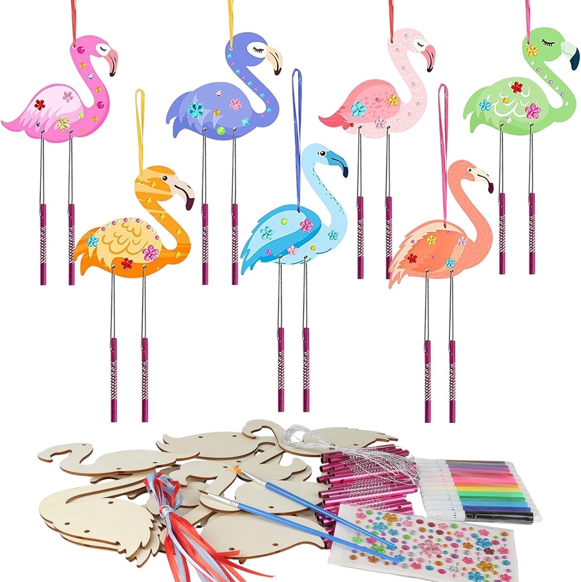 SnelShoppen - Wind Chime Craft Set voor Kinderen - 12 Flamingo Houten Windgongen met 12 Kleurrijke Waterverf Penselen - DIY Schilderen voor Feestjes,