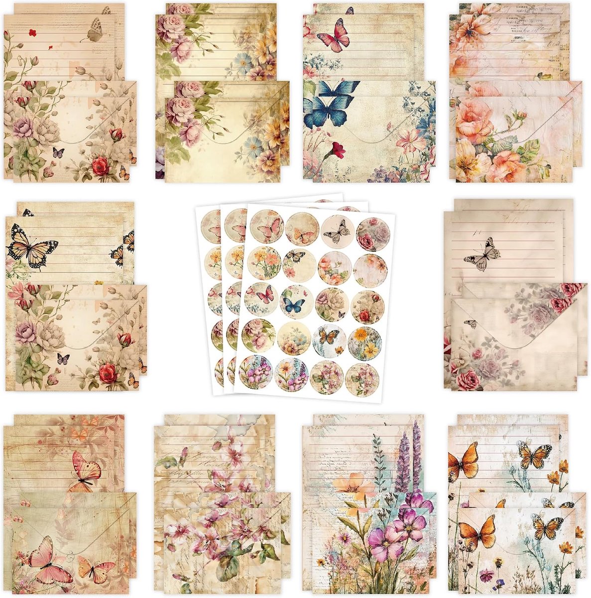 Set Van 160 Briefpapier-Set - Enveloppen Set - 10 Stijlen - Bloemen, Bladeren, Aquarel Stijl - Bevat 50 Vellen Gelinieerd Briefpapier en 50 Enveloppen, 60 Ronde Stippelstickers - Authentieke Retro Stijl - Voor Brieven en Uitnodigingen