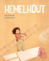 Een meisje met krullend haar in een tuinbroek en een hemdje met een ladder. Een kleine roze olifant zit naast haar. De titel 'HEMELHOUT' staat bovenin.