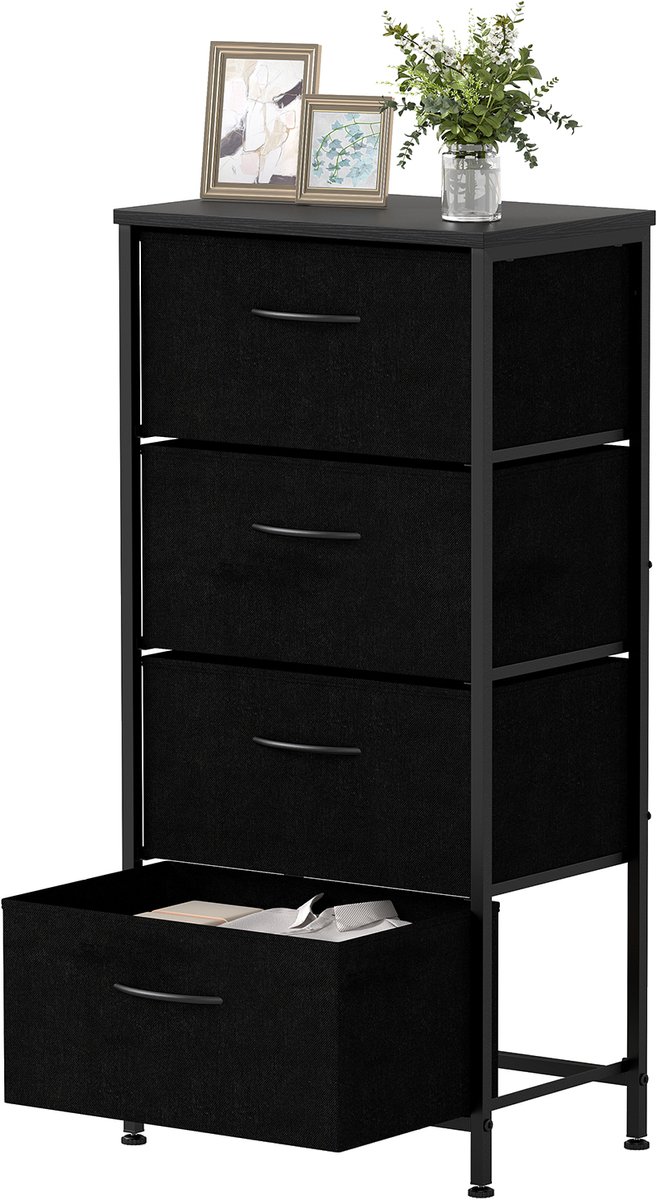 COWAY Ladekast met 4 Stoffen Laden, Ladekast met Houten Bovenblad en Metalen Frame, Ladekast Sideboard, Opbergkast voor Gang, Woonkamer (45 x 30 x 95 cm, Zwart)