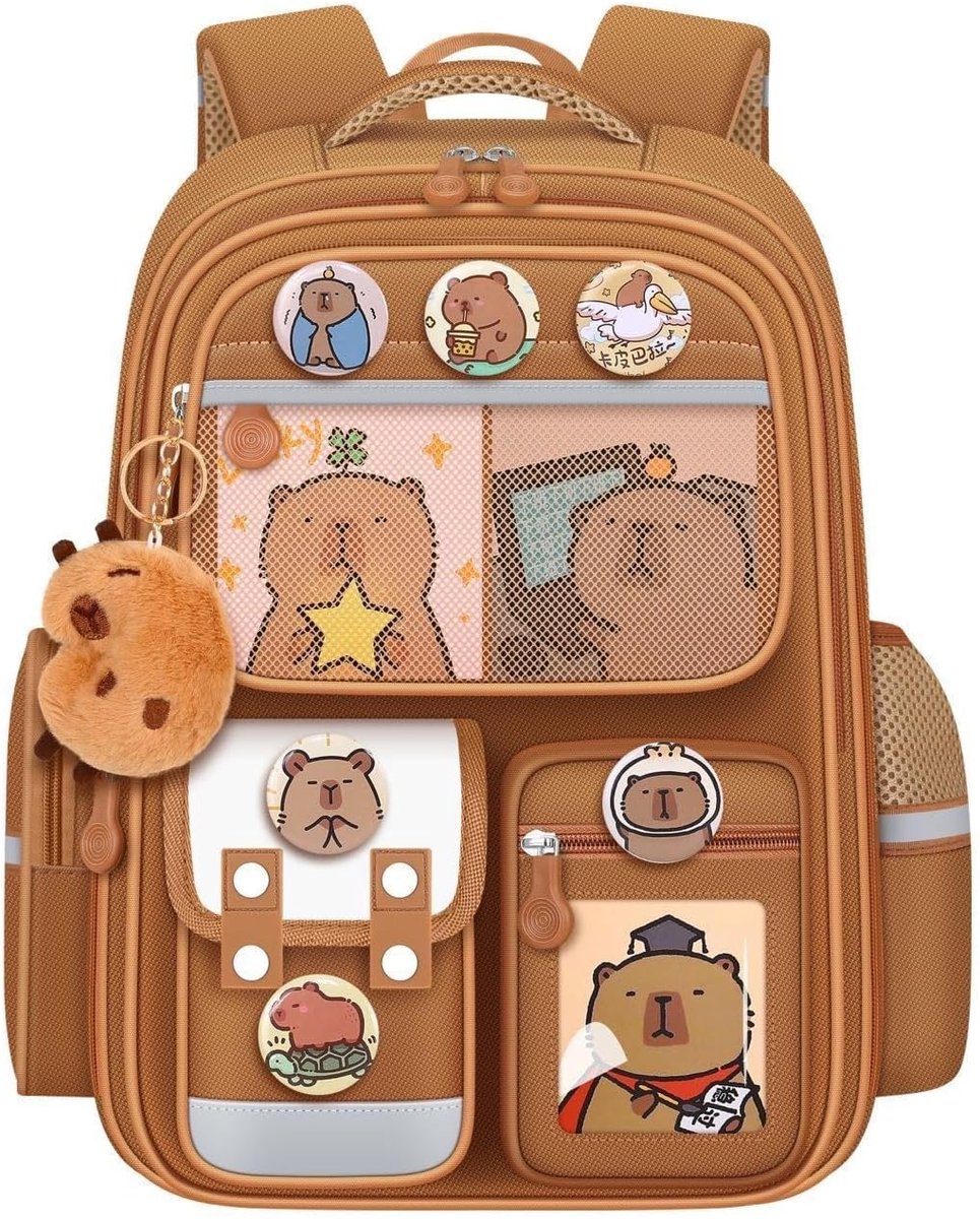 Capybara Rugzak - Rugtas - Schooltas - Bevat Een Kaart, Een Bedel en Een Pins - 'ita-Bag'-Stijl - Grote Capaciteit - Ontwerp met Meerdere Vakken - Lichtgewicht - Voor Reizen, Vrije Tijd en School - Kaki