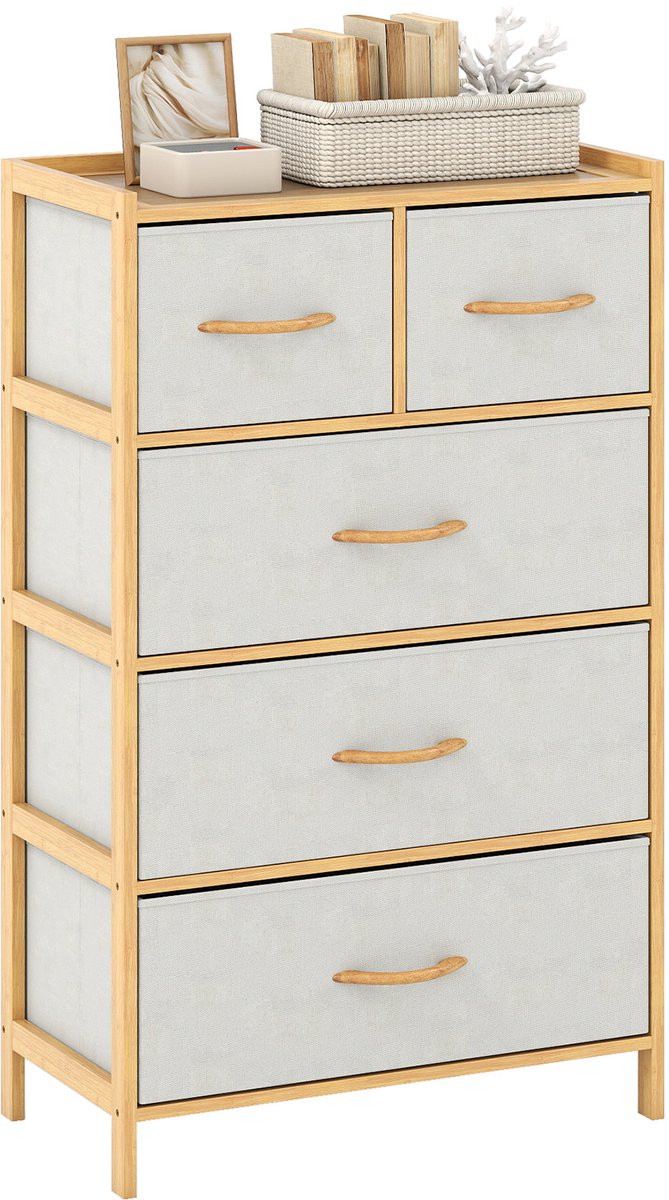 COSTWAY Commode met afneembare stoffen laden en bamboeframe, bamboe ladekast, opbergkast, stof, commodekast voor woonkamer en hal (58 x 30 x 94 cm)