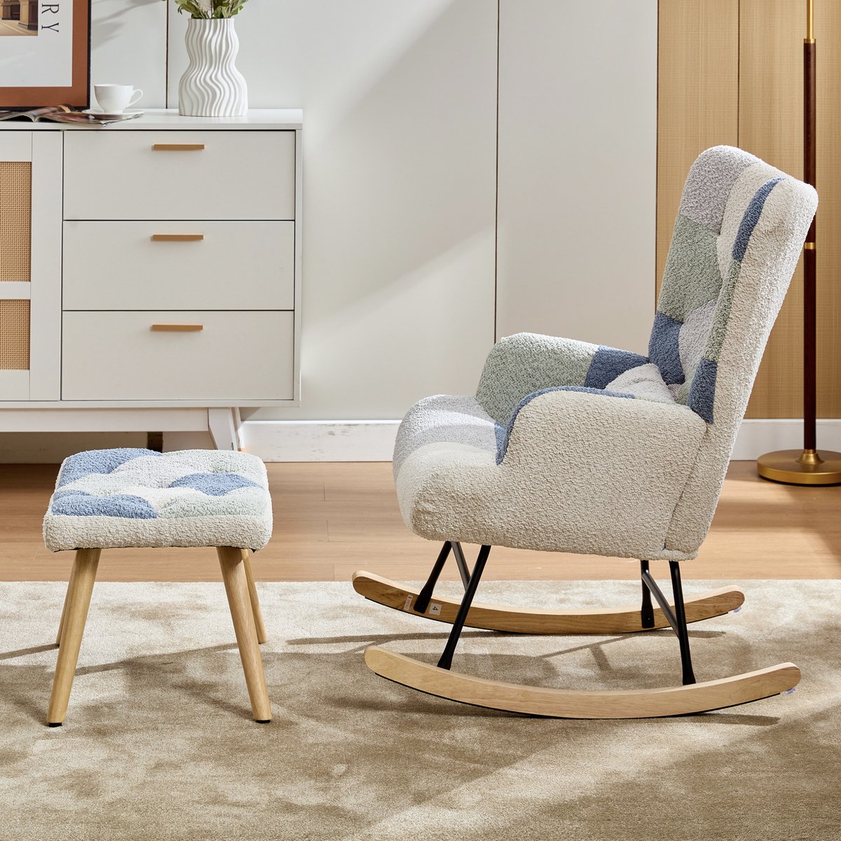 COVREO Schommelstoel 122 x 68 x 91 cm - beige en blauw, stof, met voetenbank en 110 kg draagvermogen