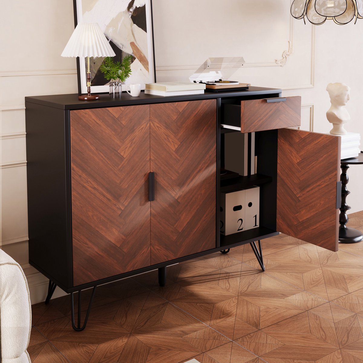 COVREO Dressoir 90 x 30 x 71,5 cm - zwart en houtlook, met lade en verstelbare planken