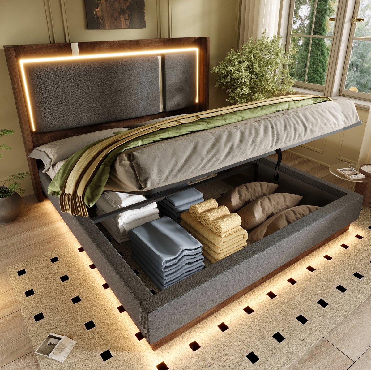 REDOM - Bed - Gestoffeerd hoofdbord met LED - Opbergruimte met lattenbodem - Zonder boxspring - Retro stijl - Stof hout metaal - Grijs en walnoot - 209 x 156 x 110 cm