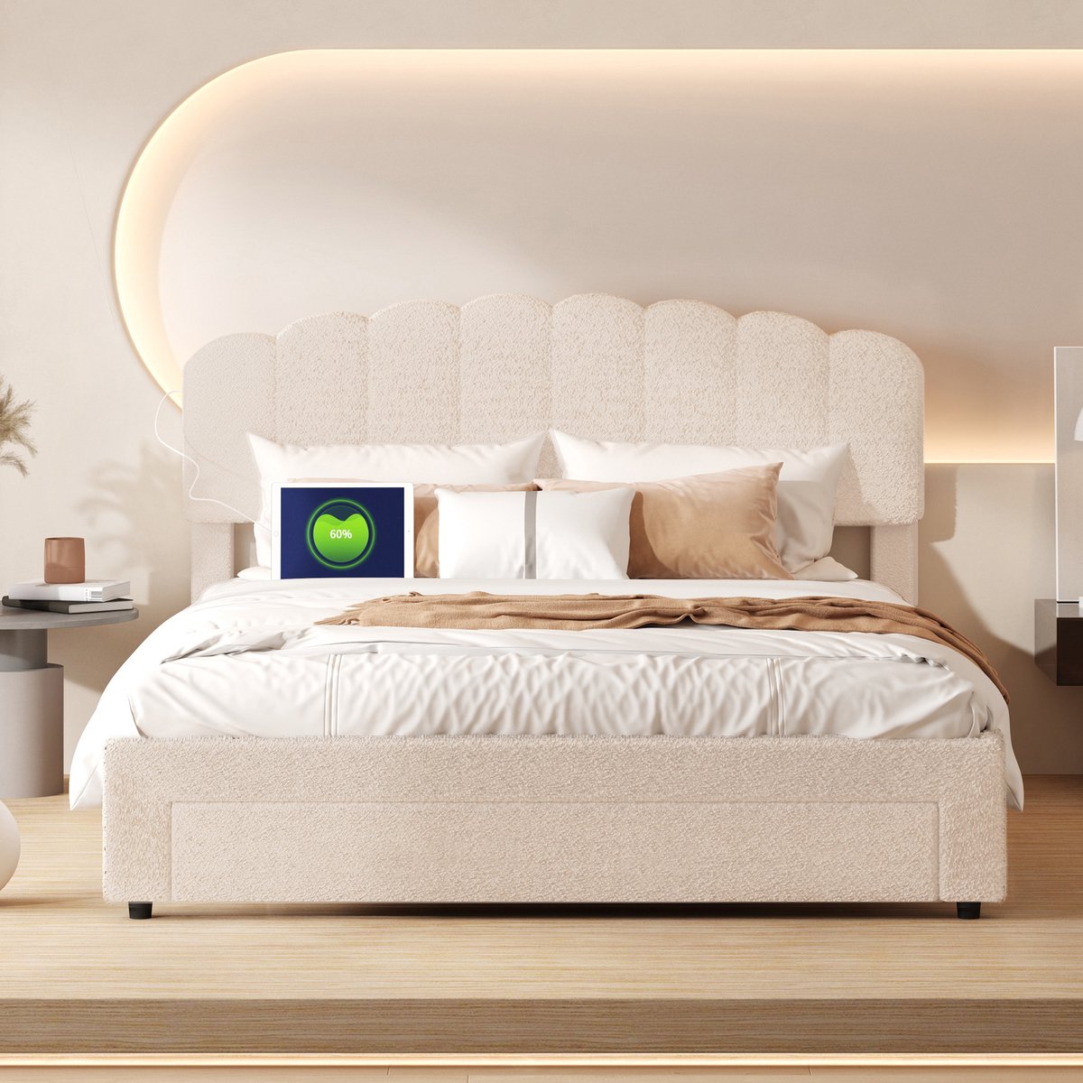 Bed 140x200 Beige Teddy – met USB-C & Lade