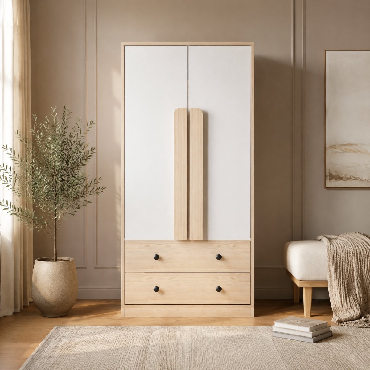 COVREO Kledingkast 70x40x170 cm - wit en houtkleur, 2 laden, dubbeldeurs Natural+White