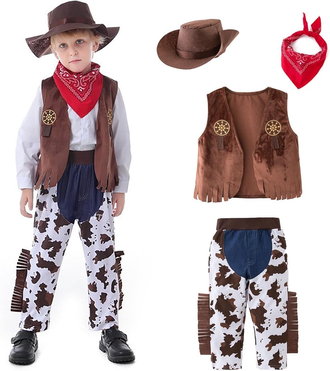 Kindercarnaval Kostuum met Cowboy Hoed, Vest, Neckerchief en Accessoires voor Halloween en Feestjes