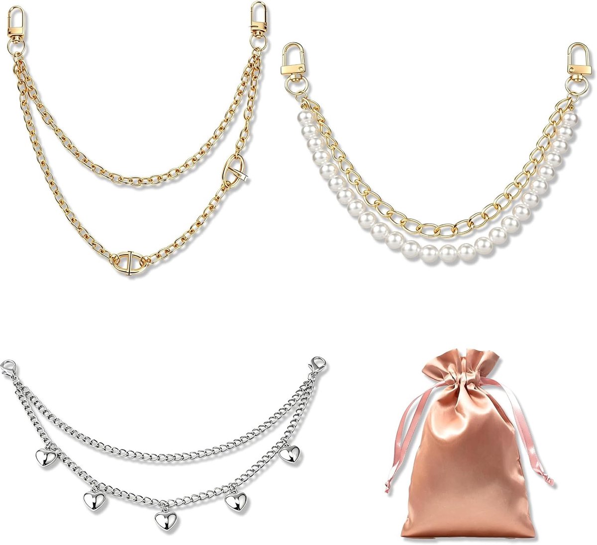 3 Stuks Parel Portemonnee Ketting, 30 cm Verlengketting voor Tassen met Metalen Tasriemen in Goud en Zilver voor Crossbodytassen en Clutches
