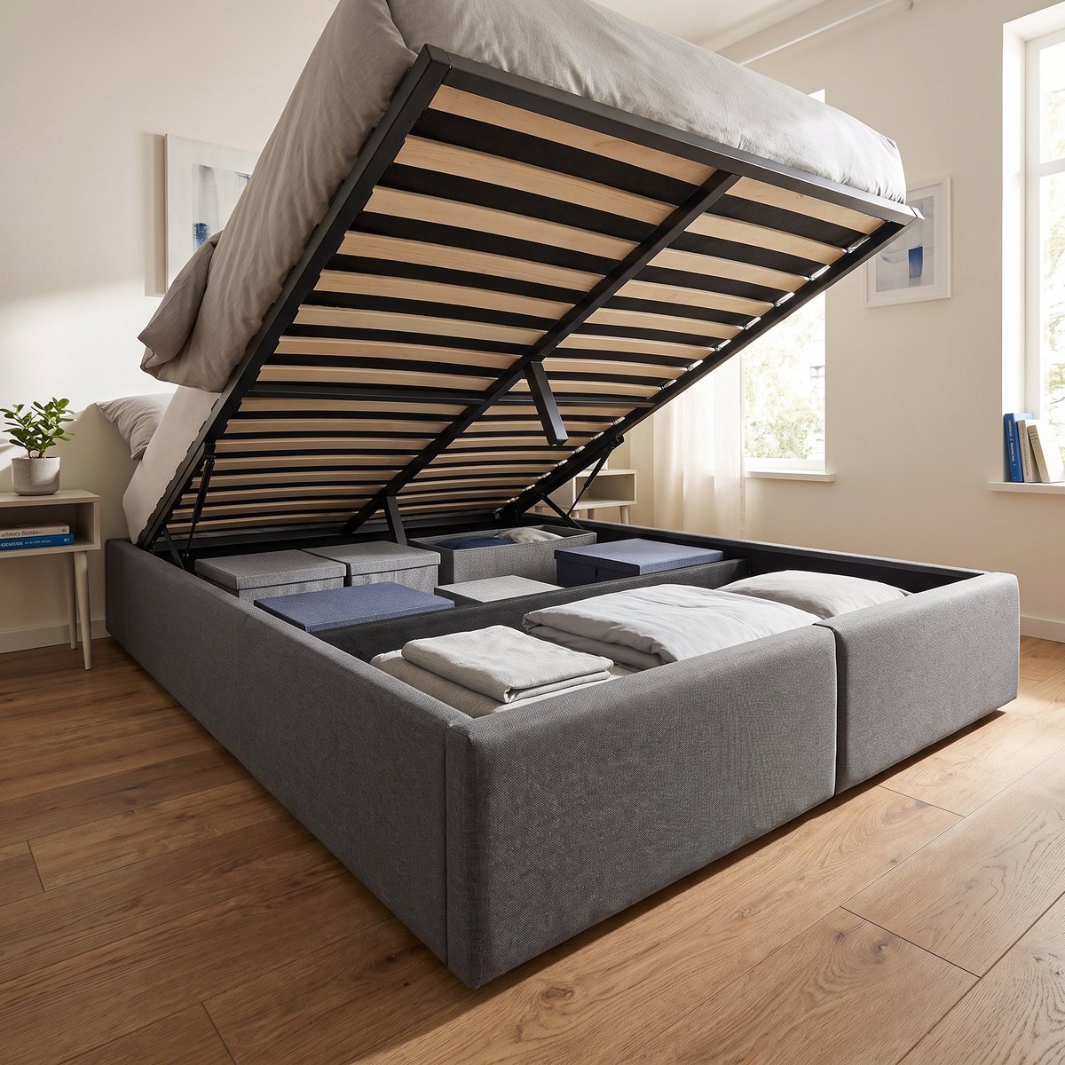 Gestoffeerd Opbergbed 160x200 cm - Tweepersoonsbed met hydraulische opbergruimte en 2 lades - zonder hoofdbord - Linnen - modern - Grijs