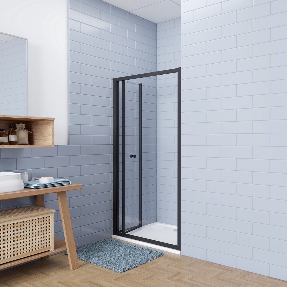 Aica industriële stijl vouwdeur douchedeur 76x195cm incl. Ultraplatte douchebak 80x76cm incl. sifon - 5mm gehard veiligheidsglas easyclean - mat zwart aluminium frame