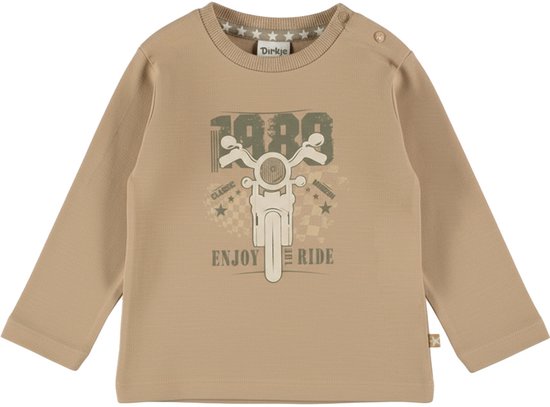 Bruin T-shirt met lange mouwen, met een print van een motorfiets en de tekst 'Enjoy Ride'.