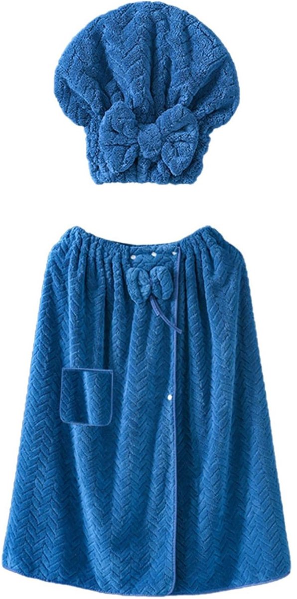 Vivva - 2-in-1 Draagbare badhanddoek met Haarwikkel – Verstelbare Microvezel Wrap met Haarhanddoek, Sneldrogende Saunahanddoek met Zak – One Size - Blauw - LUXROBA