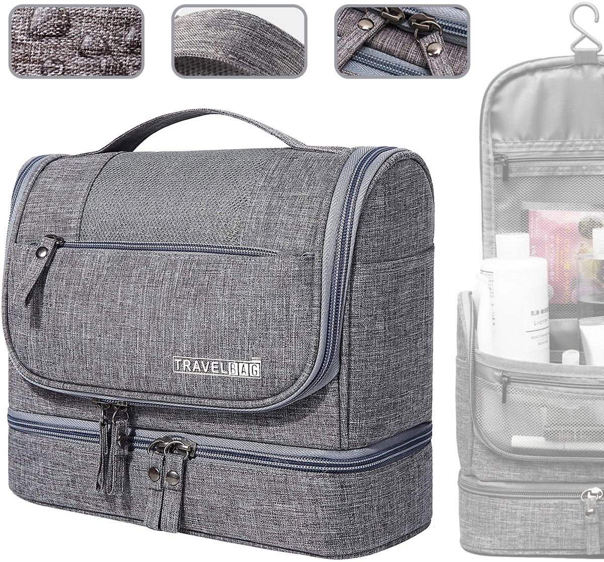 Hangende toilettas - Draagbare opbergtas - Reistas - Waszak - Make-uptas - Unisex - Toiletartikelenset - Scheiding voor natte en droge spullen - Grote capaciteit - Grijs