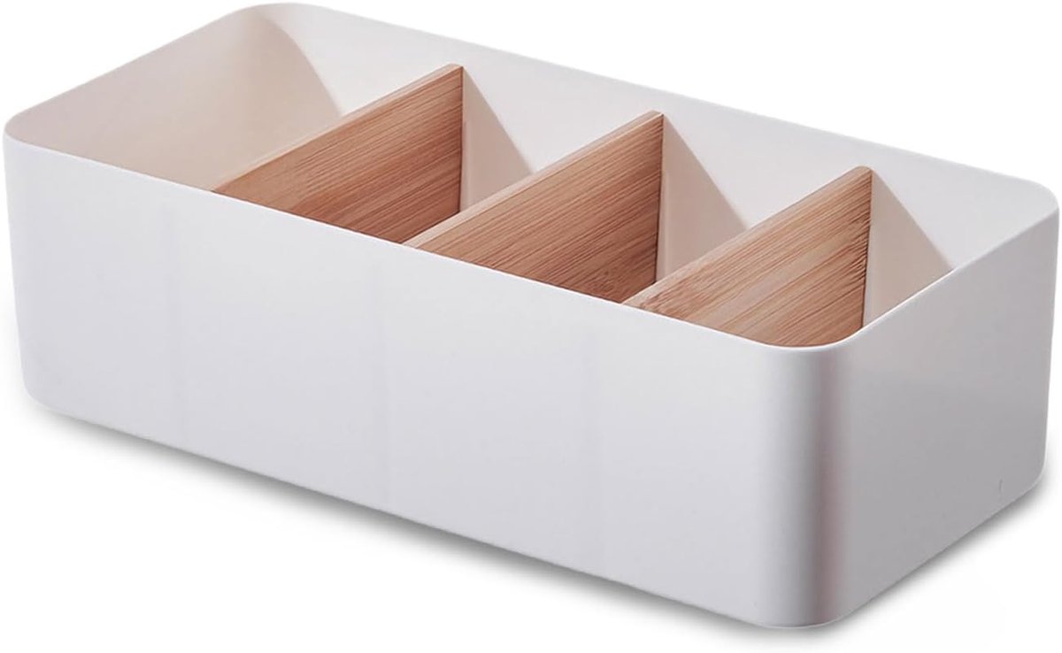 Bureau Organiser met 4 Vakken - Multifunctionele Bureau Organizer van Kunststof met Bamboe Verdelers - Stijlvolle Pennenbak en Bureau Tray voor Kantoor en Thuis - Wit