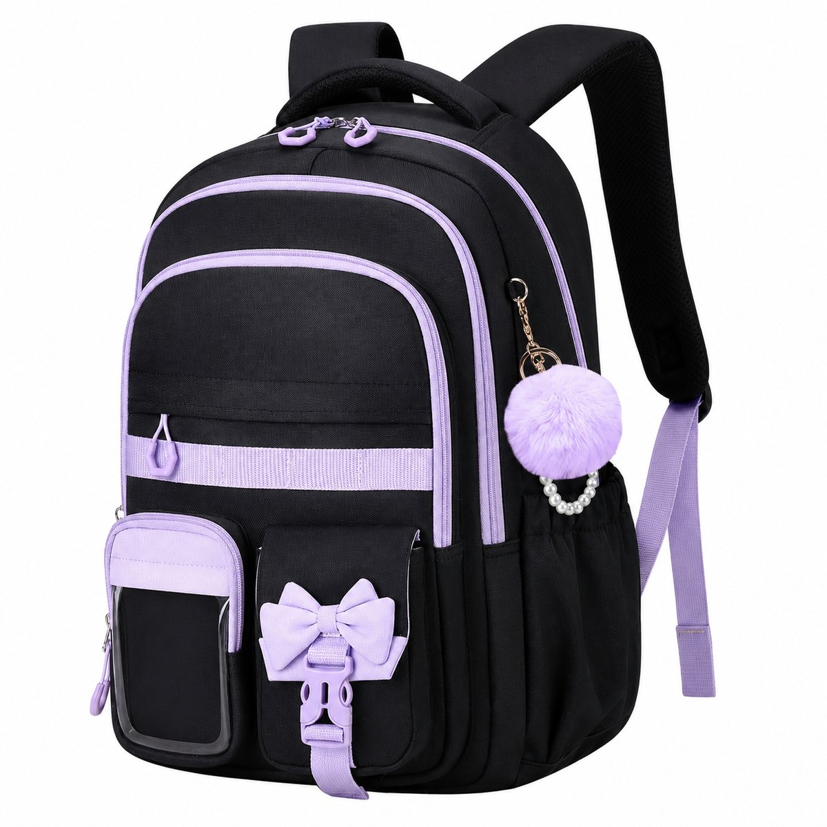 Bobypet Schooltas Meisjes - Ergonomische Rugzak voor Middelbare School - 22L Laptop Rugzak voor Tieners - Lichtgewicht Schooltas met Strik - Zwart Paars