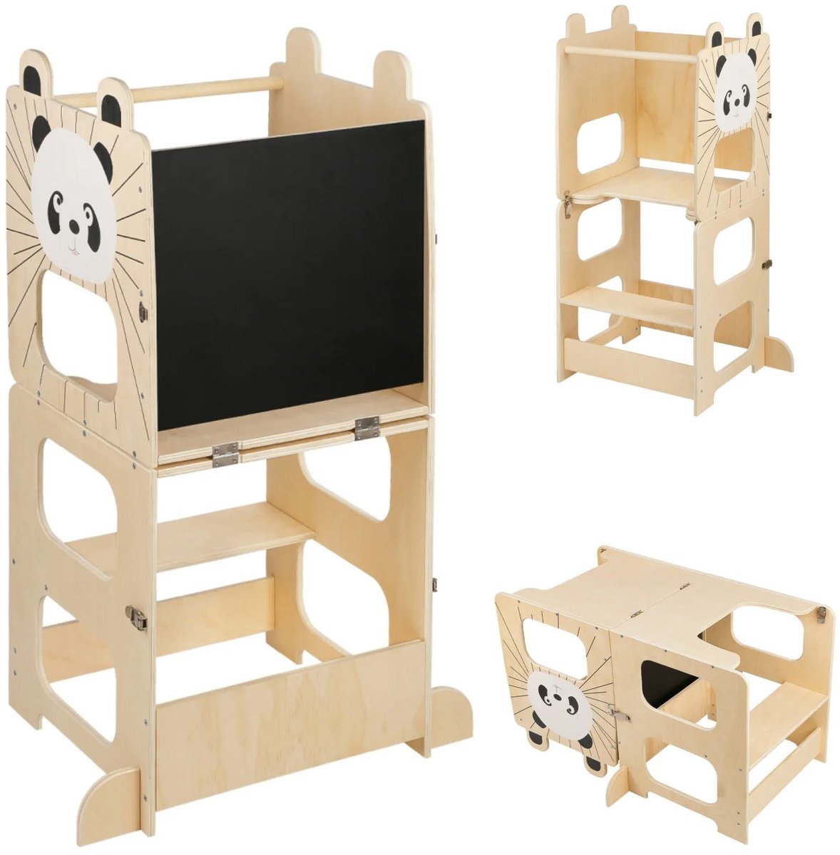ITRONIQ Montessori Leertoren 3-in-1 - Opvouwbare Learning Tower Met Schoolbord en Tafel - Keukenhulpje Voor Kinderen - Panda