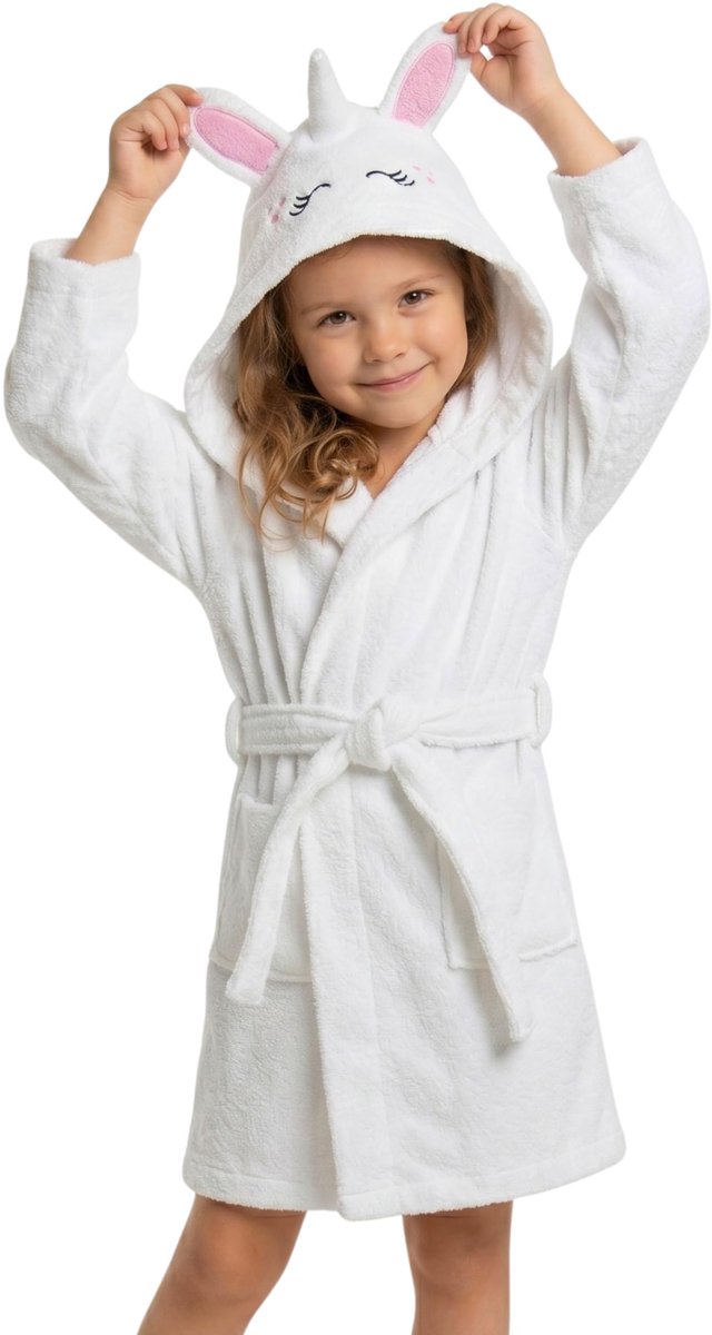 SnelShoppen - Zachte Kinder Badjas Dierenvorm - Badstof Badjas Meisjes met Capuchon - 100% Katoen - Wit Eenhoorn - Maat 3-4 Jaar - Perfect voor Thuis,