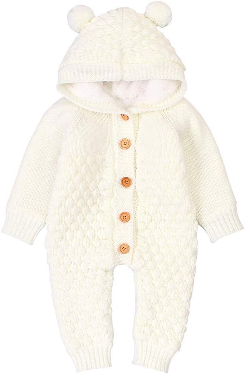 SnelShoppen - Babyrompertje jongens warme trui overall met capuchon, zachte acryl, schattige outfit voor baby, ideaal voor binnen en buiten, maat 0-12