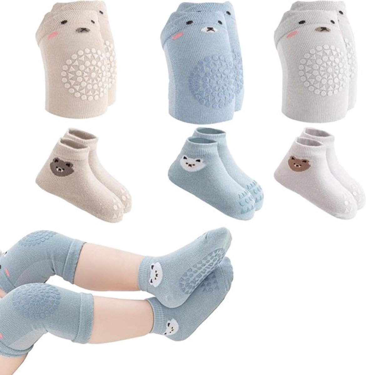 Baby Kniebandages, Peutersokken en Kniebeschermers - Uniseks - Antislip - Blauw Grijs Kaki - Elastic