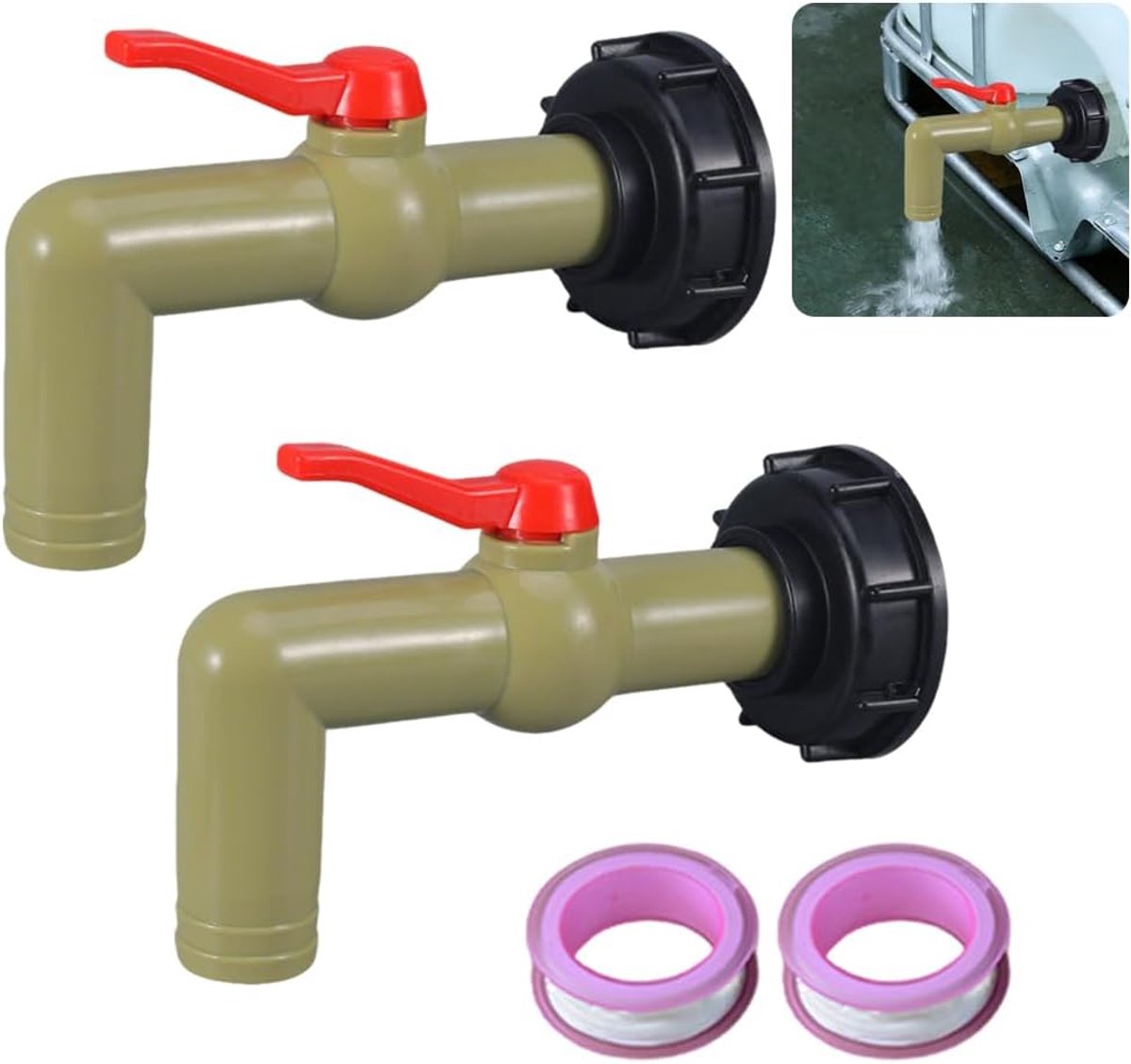 SnelShoppen - IBC Drain Tap Set - 2 Stuks 1 Inch IBC Tank Accessoires, Water Tap Ball Valve met S60 x 6 Draad, Perfect voor Water Tank Gebruik, Duurza