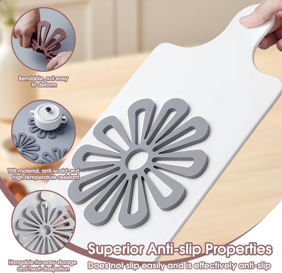 SnelShoppen - Silicone Onderzetters Set van 3 - Warmtebestendig, Antislip, Decoratief, Meerkleurig, Kersenbloem Design, Eenvoudig te Reinigen voor Keu