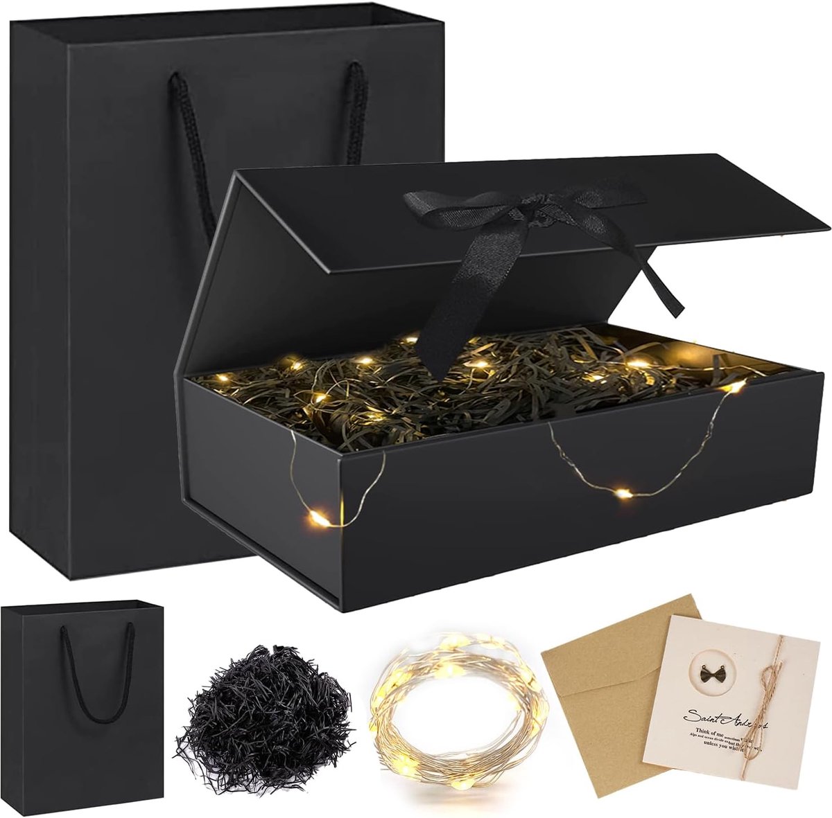 SnelShoppen - Cadeaubox met Deksel en Strik, Vouwbare Cadeau Doos, Magnetische Geschenkdoos Set met Wenskaarten, Raffia Vulling en LED String Lights v