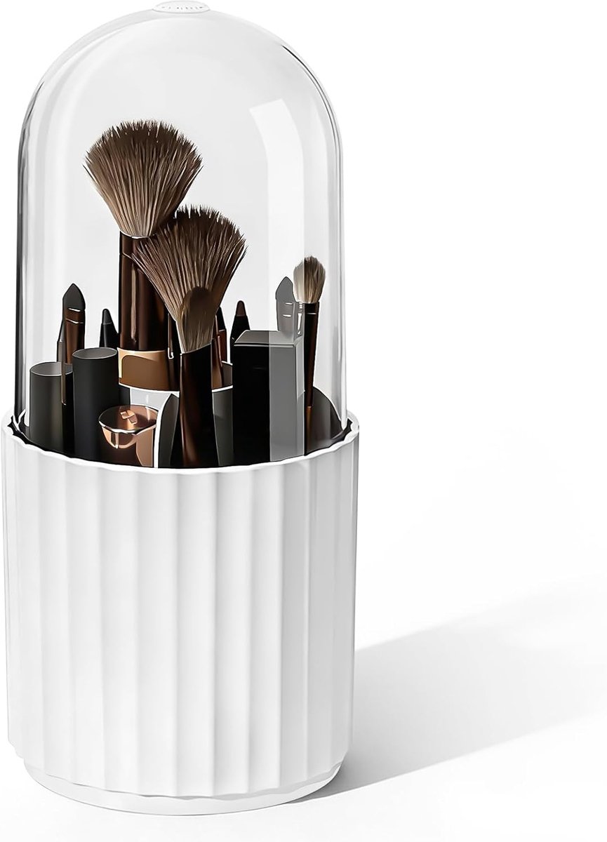 SnelShoppen - Makeup Cosmetic Organiser 360° Rotating Brush Holder met Transparante Deksel, Stofvrije Brush Opslag voor Vanity Tafel & Badkamer, Wit