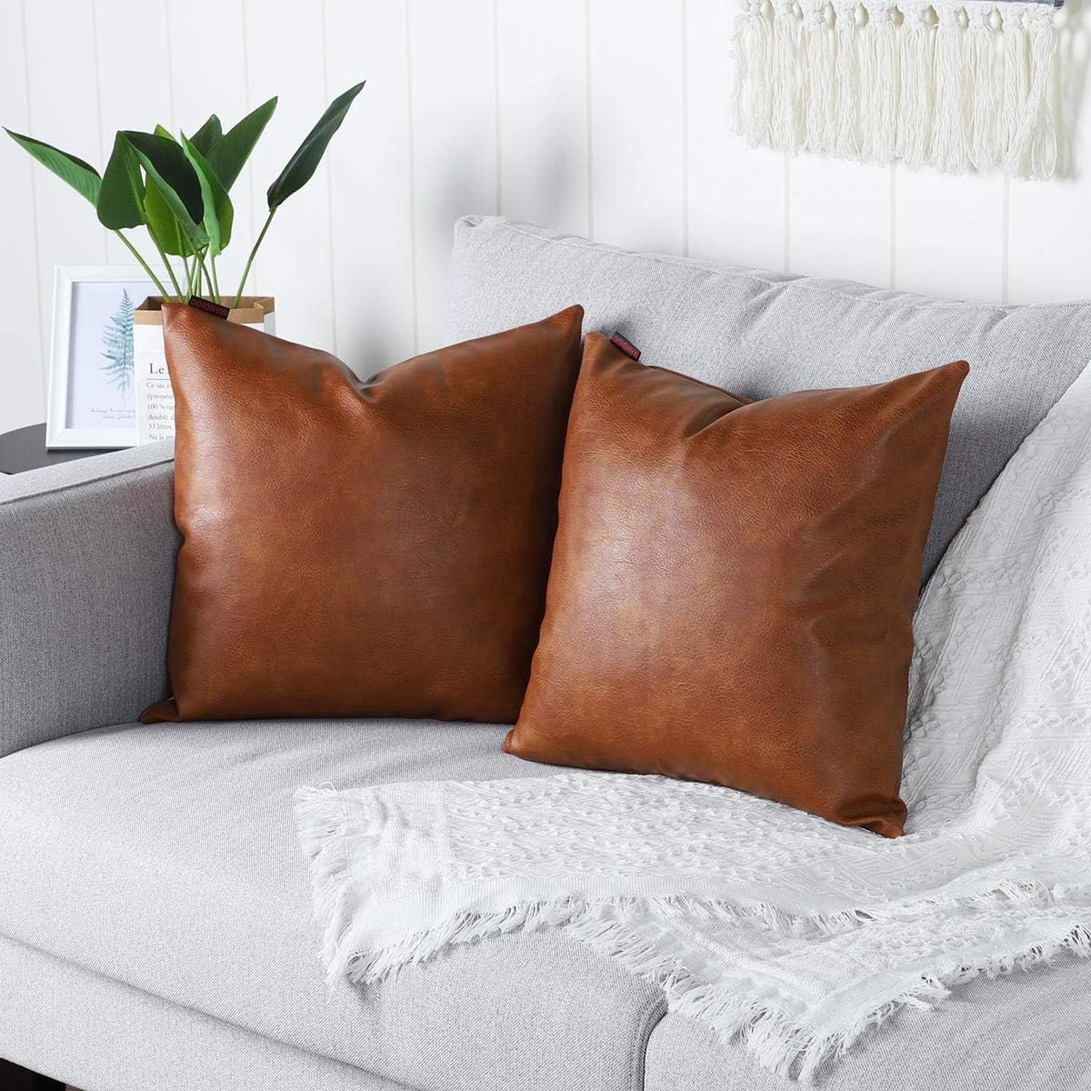 SnelShoppen - Set van 2 Luxe Bruine Imitatie Leren Decoratieve Kussenhoezen 16x16 Inch (40x40cm) voor Sofa, Bed, Buiten, Modern Design, Vegan Leer