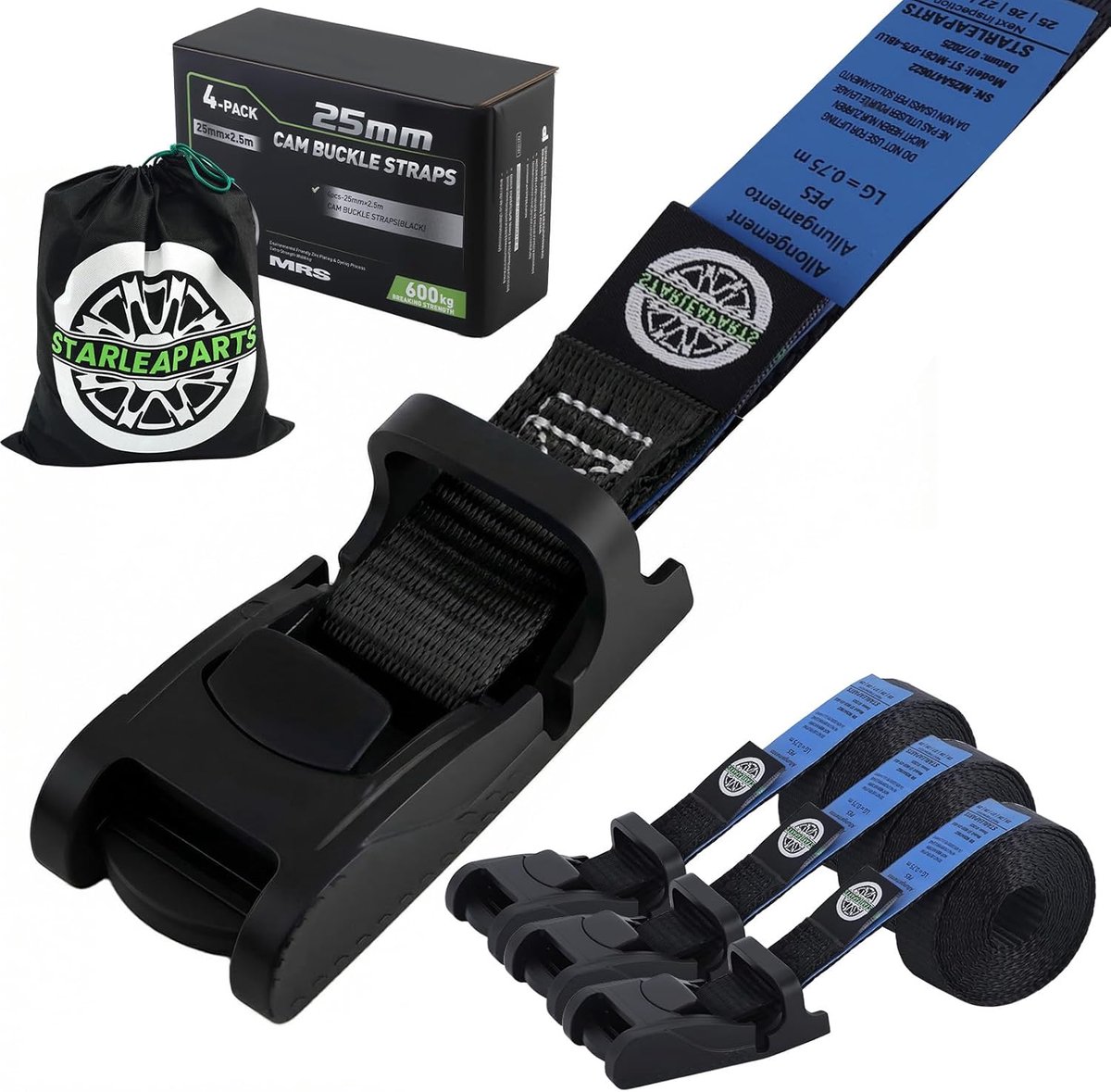 SnelShoppen - Pack van 4 Lashing Straps 25 mm x 2.5 m - Sterke Bevestigingsriemen met Klemslot - 600 kg Breeksterkte - Ideaal voor Fietsendragers, Kaj