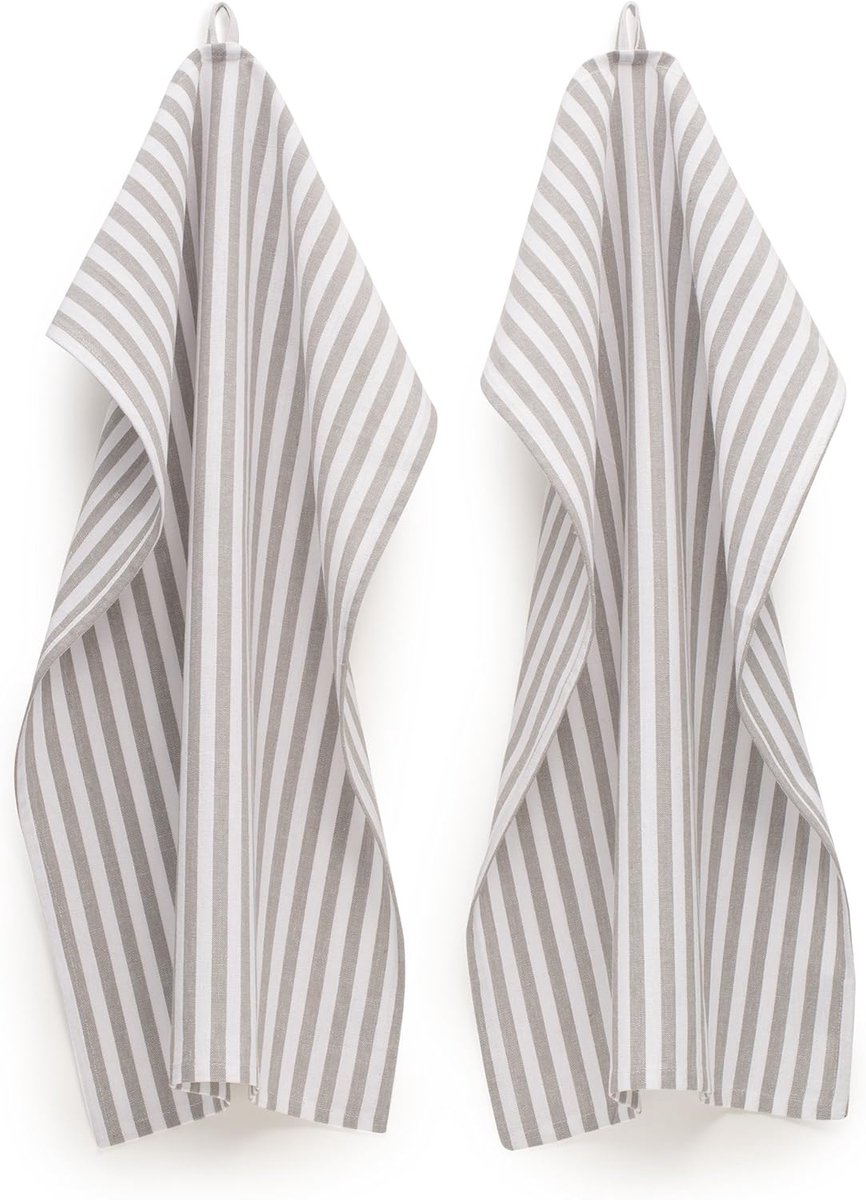 SnelShoppen - Keukenhanddoeken 4-pack Grijs/Wit Gestreept 45x70 cm - Hoogwaardige Theedoeken van 100% Katoen met Elegante Ophanglus voor Keuken en Hui