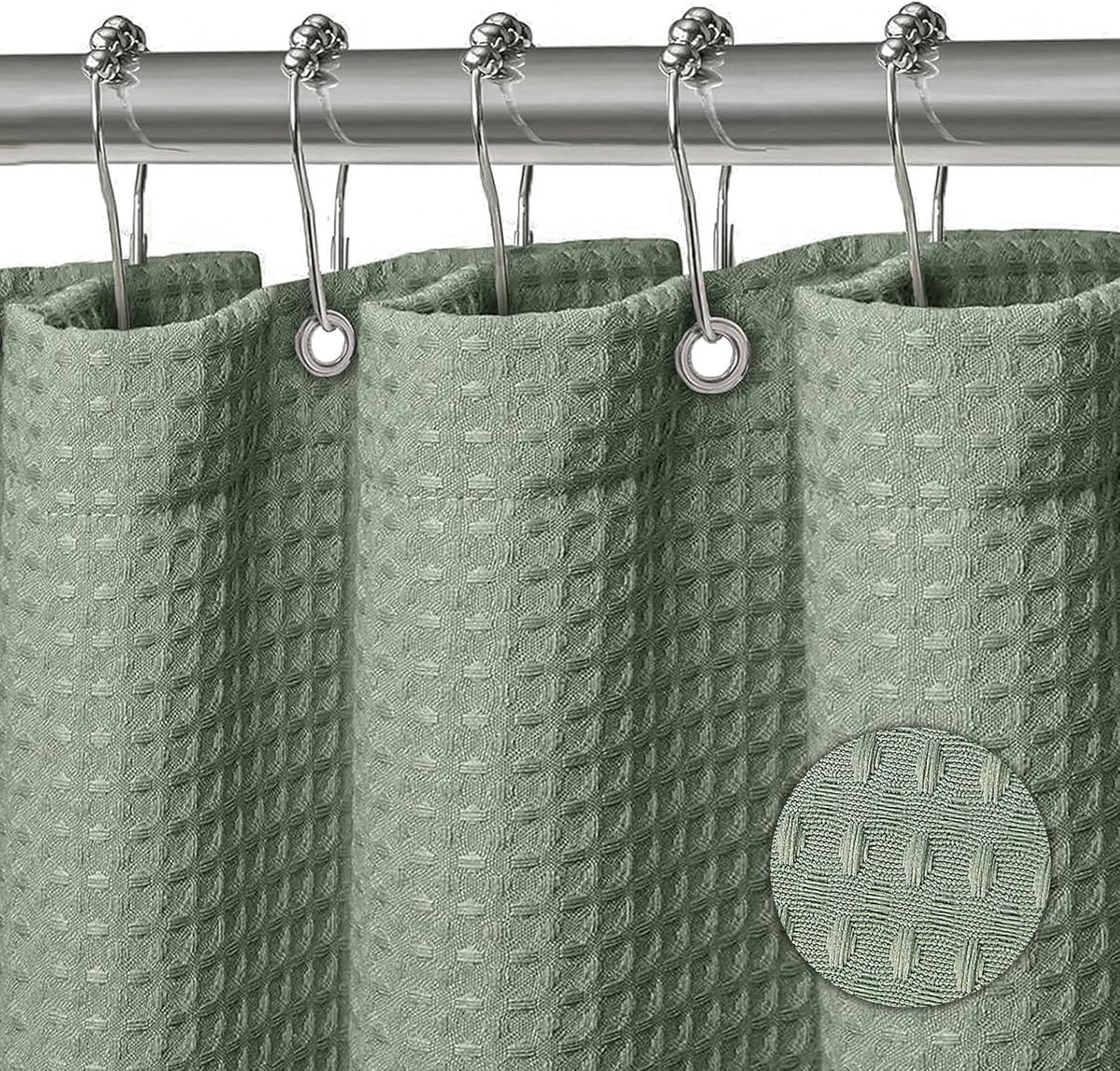 SnelShoppen - Douchegordijn Wasbaar Polyester Stof Waterdicht 180x180 cm Wafel Groen met 12 RVS Ringen voor Badkamer Douche