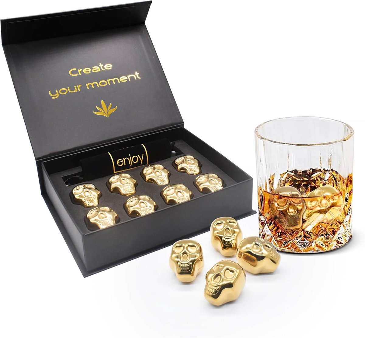 SnelShoppen - Luxury Whiskey Stones - Unieke Skull Design - Tequila en Whiskey Stenen - RVS Premium Kwaliteit - 8 Stuks - Gouden Kleur - Inclusief Vel