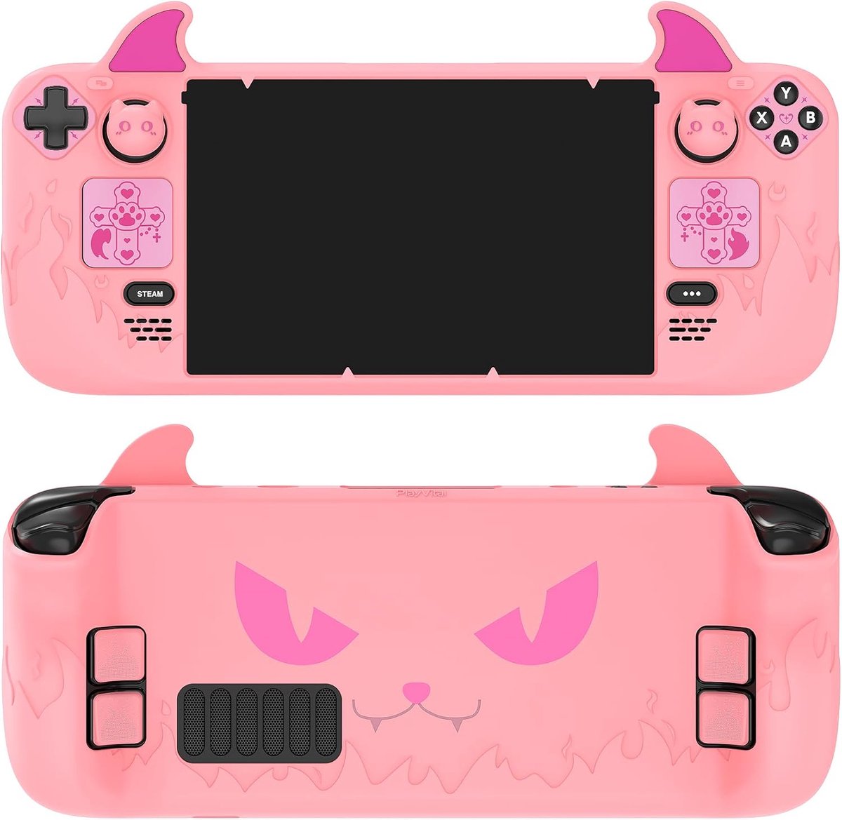 SnelShoppen - Cute Demon Protective Case voor Steam Deck LCD & OLED - Kawaii Anti-Slip Silicone Bescherming met Thumb Grip Caps, Trackpad Stickers & B