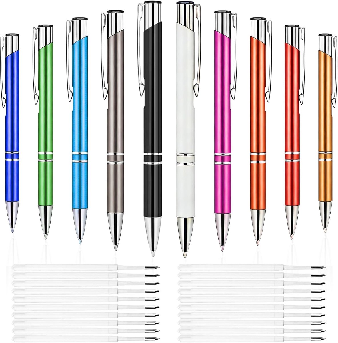 SnelShoppen - Set van 10 Luxe Metalen Balpennen met 20 Navullingen, 10 Kleuren, Comfortabele Grip, Soepele Schrijfervaring voor Kantoor, School en Cad