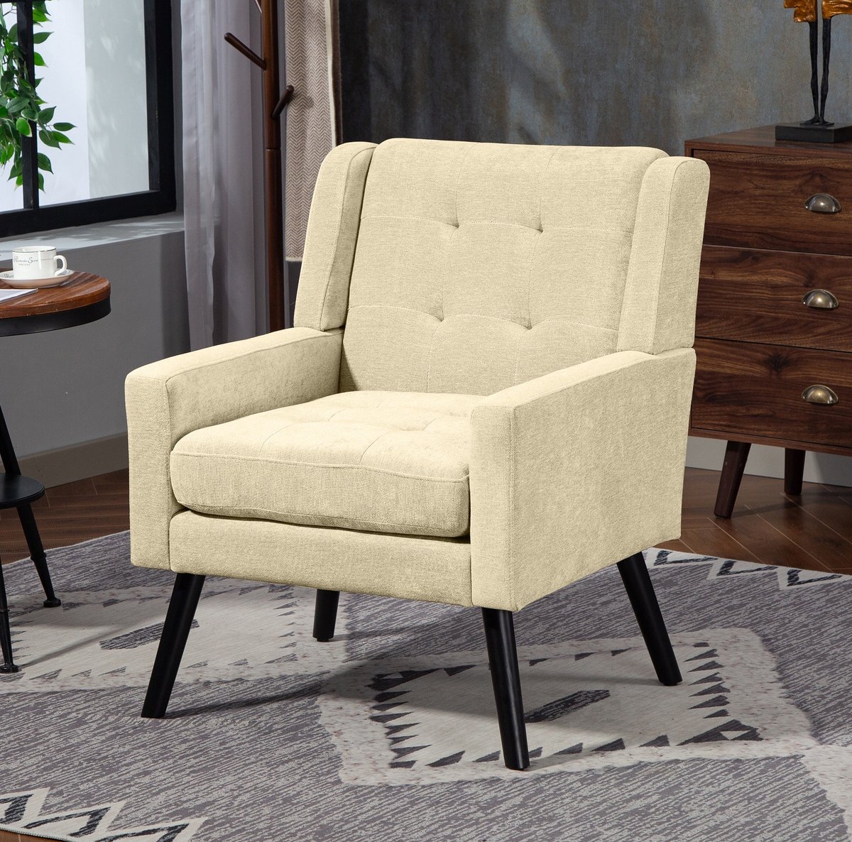 COVREO Fauteuil 68 x 76 x 88 cm – beige stof, houten poten, knopstiksel en armleuningen