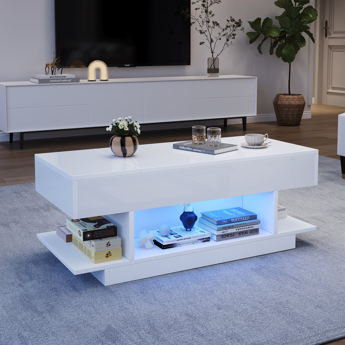 COVREO Salontafel 98 x 45 x 40 cm - wit, spaanplaat, hoogteverstelbaar met LED