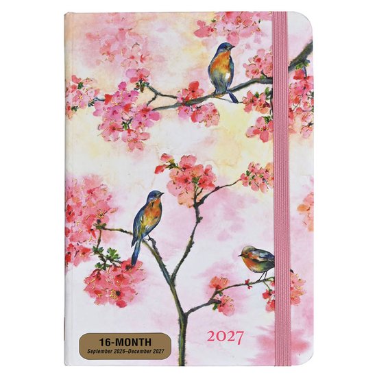 Agenda 2027 met een roze kersenbloesemtak en vogels, met een roze elastische band.