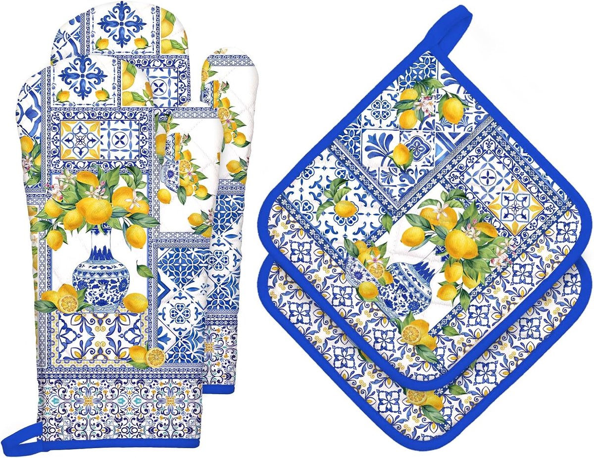 SnelShoppen - Gele Citroen Ovenwant en Potholders Set van 4 - 100% Katoen, Hittebestendig, Extra Lange Ovenhandschoenen & Warmte Pads voor Koken, BBQ,