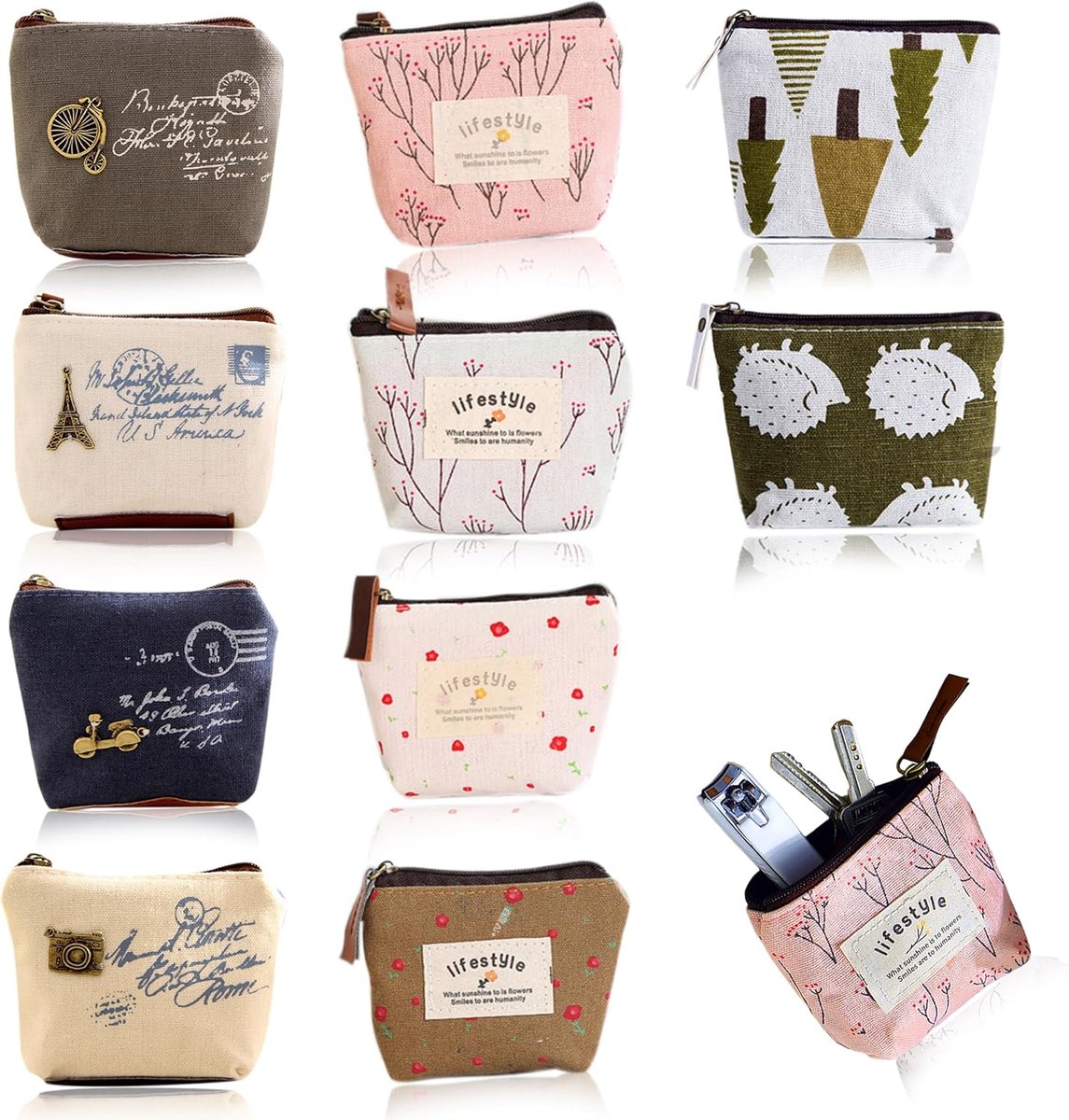 SnelShoppen - 10 Stuks Mini Canvas Portemonnees voor Vrouwen, Klein Met Rits, Make-up Tas voor Kaarten, Munten en Sleutels, Diverse Ontwerpen