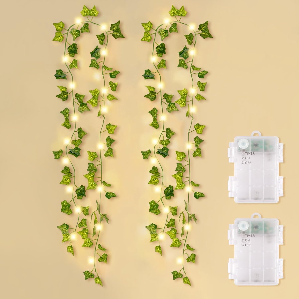 SnelShoppen - Pack van 2 Kunststof Klimop Slingers 2 Meter, LED Fairy Lights 20 Stuks met Afstandsbediening, Waterdichte Klimop Verlichting voor Tuin