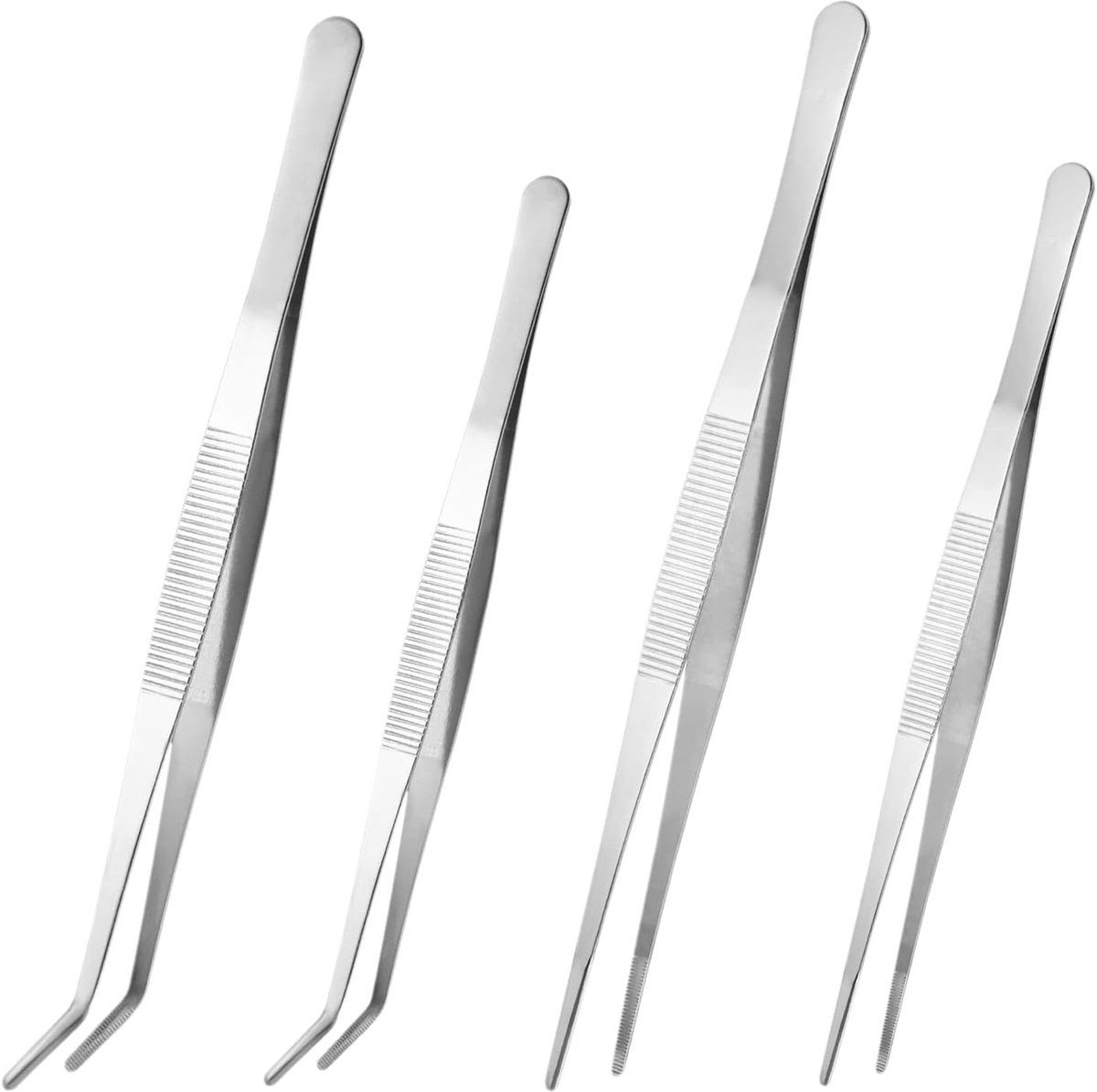 SnelShoppen - 4 Stuks RVS Pincet Set - Rechte en Gebogen Pincetten met Precisiestekkers, Antislip Ontwerp - Voor Tuinwerk, Koken, Laboratorium en Indu