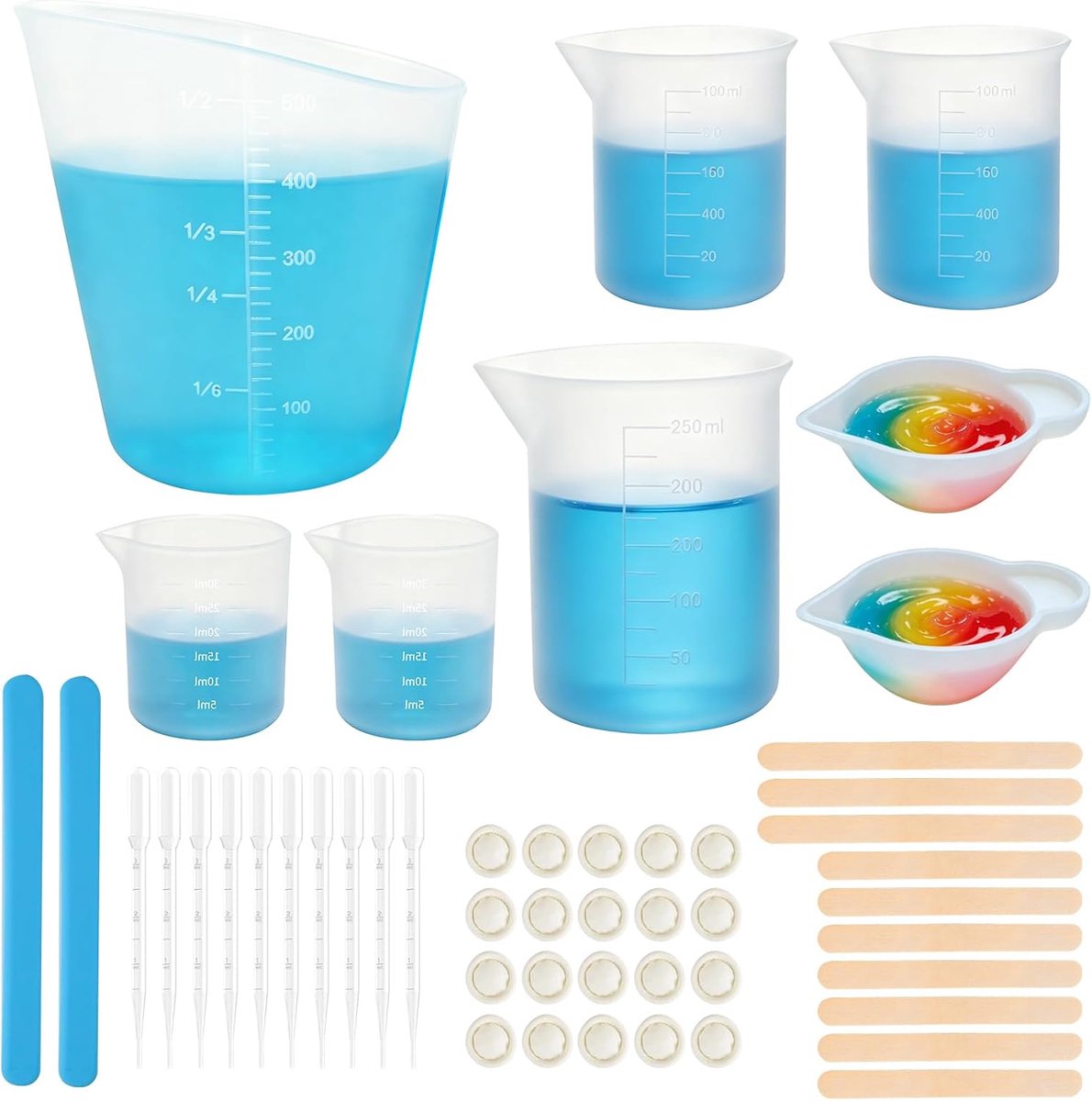 SnelShoppen - 8 stuks siliconen maatbekerset 500ml/250ml/100ml/30ml, herbruikbare epoxyhars-doseerbekers met schaal, inclusief roerstaafjes en pipette