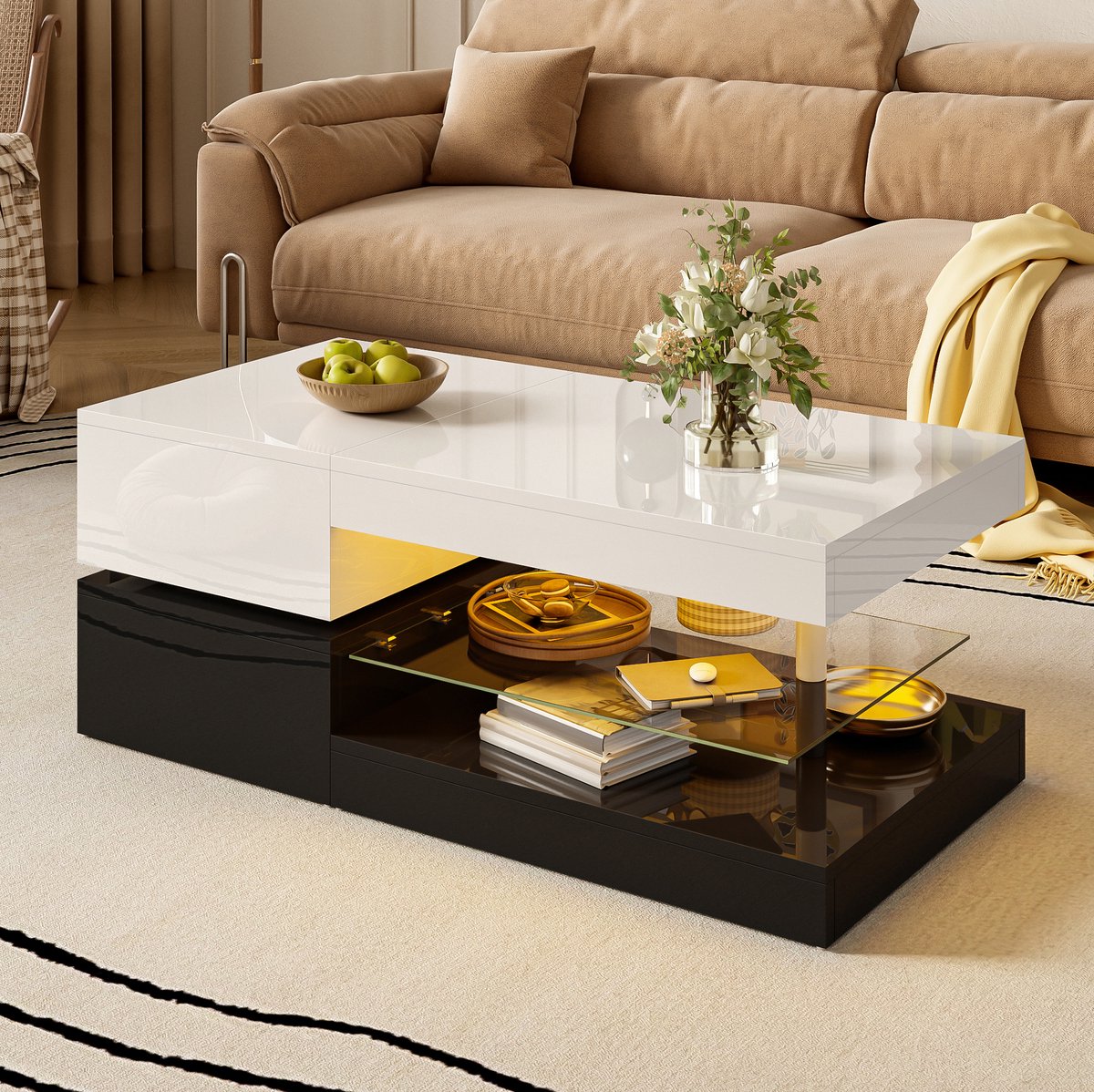 COVREO Salontafel 90x45x35,5 cm – zwart-wit hoogglans, glasplank en LED-verlichting