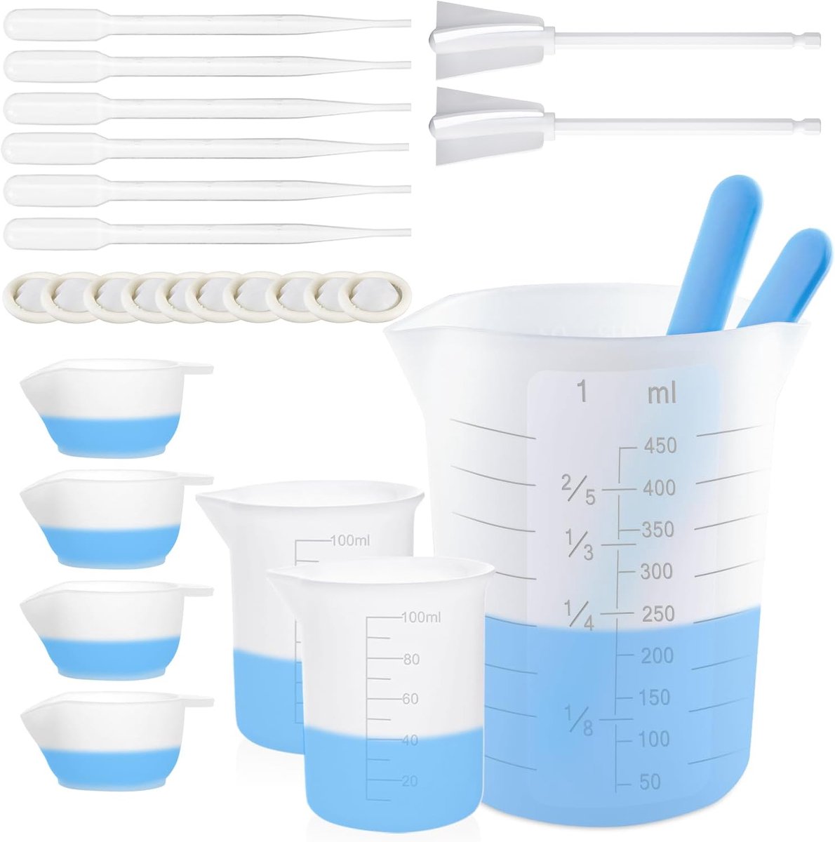 SnelShoppen - Silicone Resin Measuring Cup Tool Kit - 450ml & 100ml Silicone Maatbekers, Mengspatels, Kleurbekers, Pipetten, Vingerling voor Hars, Sie