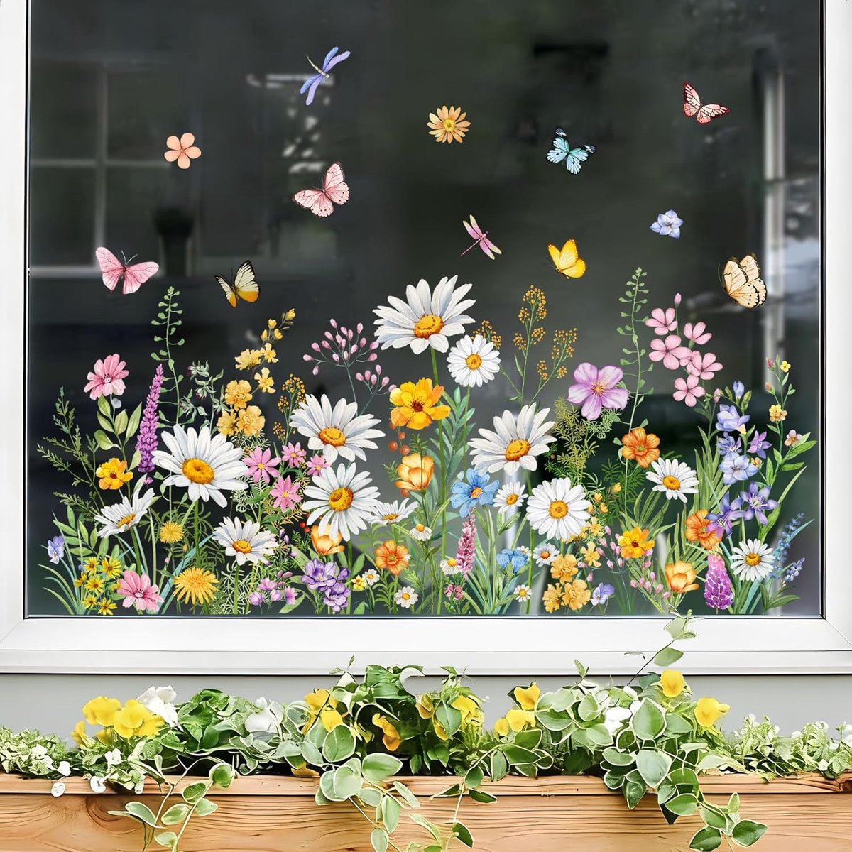 SnelShoppen - Kleurige Tuin Bloemen Raamstickers - Dubbelzijdige Anti-Collisie Plakstickers van Vinyl voor Thuis - Zomer Lente Wildflowers voor Glasde
