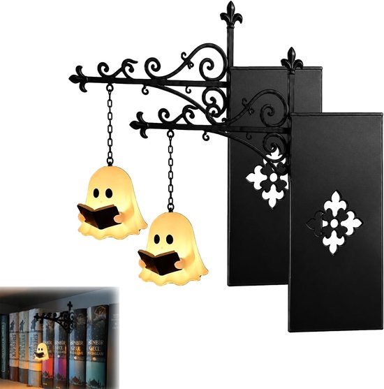 Foto: Set van 2 metalen boeksteunen met vintage hanglamp bibliotheeklantaarn decoratieve boekenhouders cadeau voor boekenliefhebbers zwart