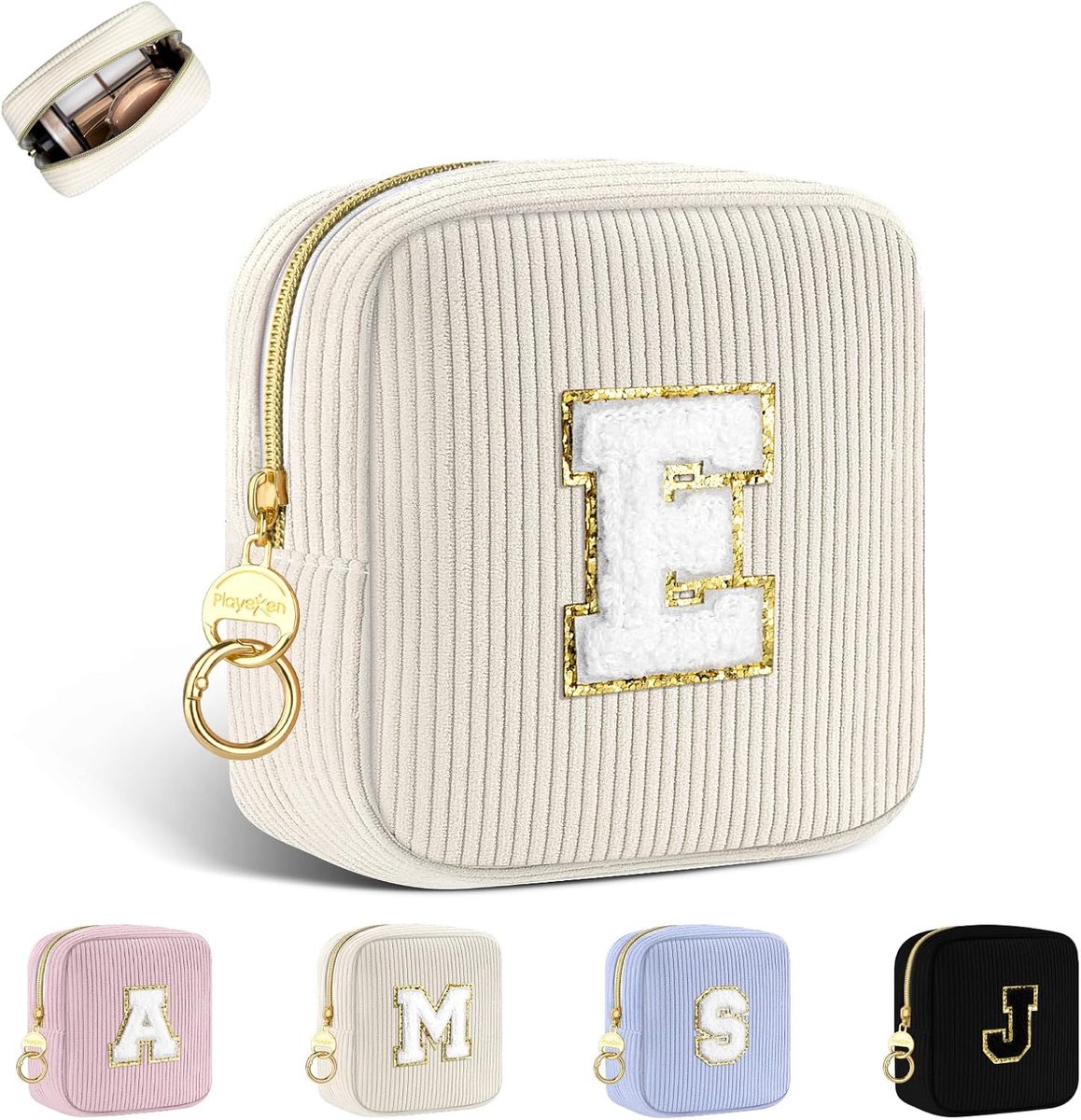 SnelShoppen - Persoonlijke Make-up Tas voor Vrouwen - Kleine Cosmetica Organizer van Ribcord - Beige Toilettas voor Reizen en Cadeaus - Perfecte Gift