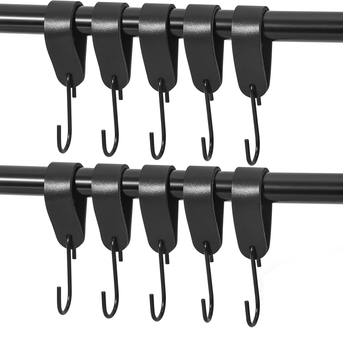 SnelShoppen - Pack van 10 S haken met zwarte leren lus, kledinghaken voor ophangen, echt leer en roestvrij staal, kledingrails, kledingkasten, badkame