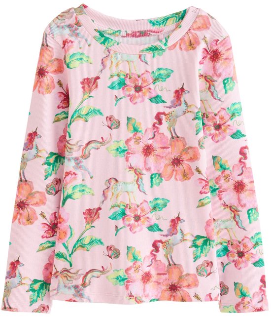Roze top met lange mouwen, bedrukt met eenhoorns, vlinders en bloemen in aquarel.